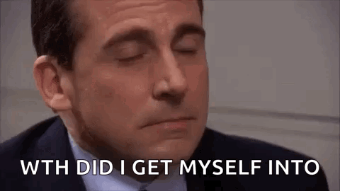 michael scott from the office is smiling with his eyes closed and the words `` with did i get myself into '' .