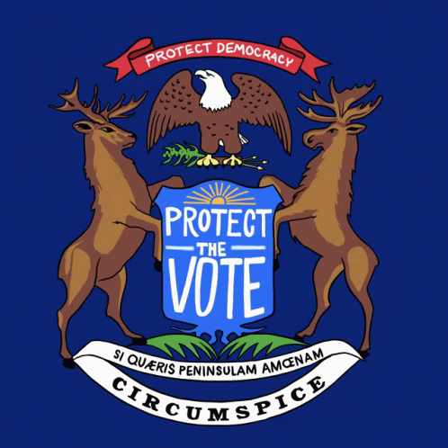 Michigan Coat of Arms Saying Protect the Vote
