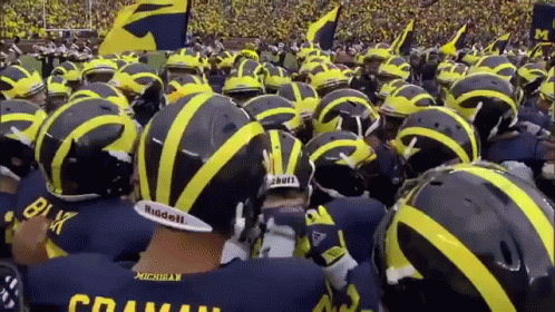 Michigan Football Players in Huddle