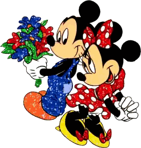Mickey and Minnie Mouse Holding Flowers