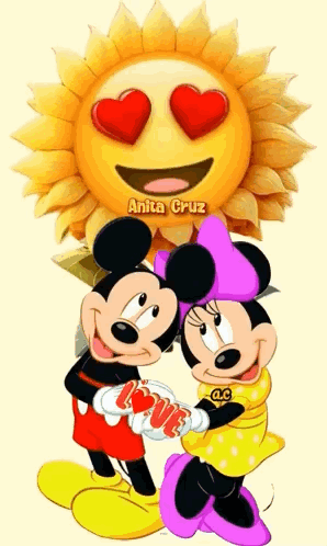 Mickey and Minnie Mouse Hugging in Front of Sunflower With Hearts