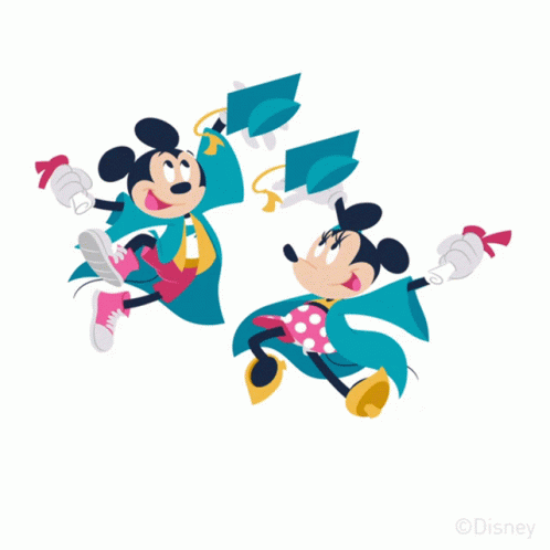 Mickey and Minnie Mouse Jumping in Graduation Gowns