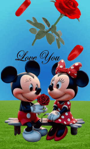 Mickey and Minnie Mouse Sitting on Bench Love You