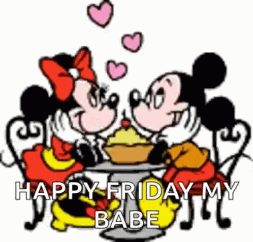 Mickey Mouse And Minnie Mouse Are Sitting At A Table With A Cupcake . GIF