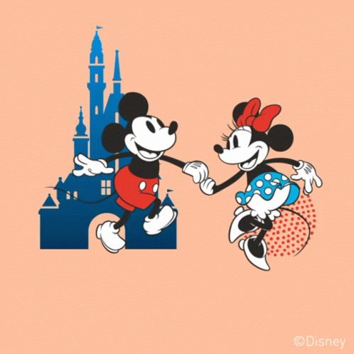 Mickey Mouse And Minnie Mouse Dancing In Front Of A Castle GIF