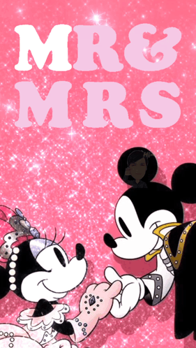 Mickey Mouse And Minnie Mouse Holding Hands On A Pink Background GIF