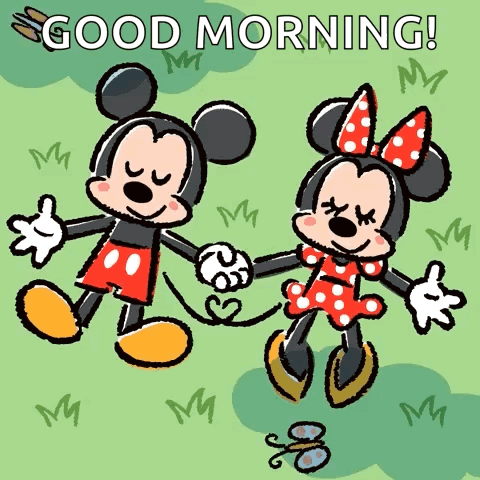Mickey Mouse And Minnie Mouse Holding Hands Saying Good Morning GIF