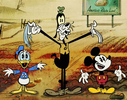 Mickey Mouse Donald Duck And Goofy Are Standing In Front Of A Sign That Says American Potato Land GIF