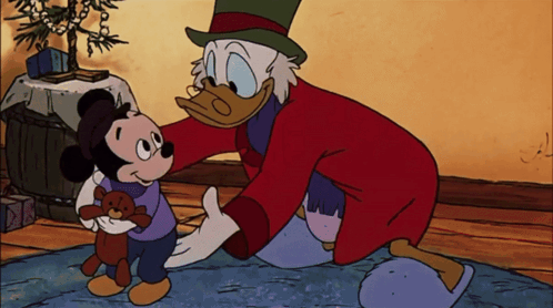 Mickey Mouse Holding Teddy Bear Talking to Duck