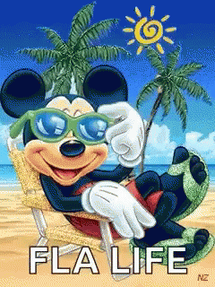 Mickey Mouse in Sunglasses on Beach Saying Fla Life