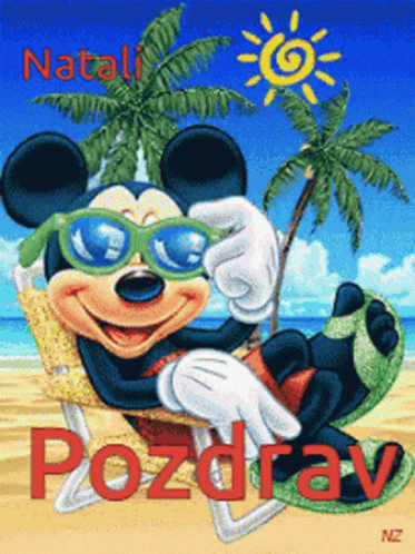 Mickey Mouse in Sunglasses on Beach Saying Pozdrav