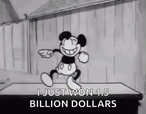 Mickey Mouse Is Dancing In A Black And White Cartoon And Says I Just Won 1.5 Billion Dollars . GIF