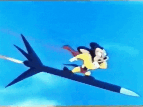 Mickey Mouse Is Flying On The Back Of A Rocket . GIF