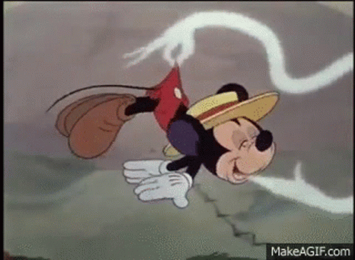 Mickey Mouse Is Flying Through The Air In A Cartoon While Wearing A Straw Hat . GIF