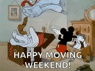 Mickey Mouse Is Sitting On A Suitcase With Clothes Flying Out Of It . GIF