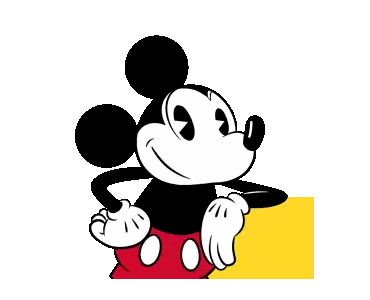 mickey mouse is smiling and holding a yellow sign .