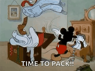 Mickey Mouse Is Standing Next To A Trunk Filled With Clothes And Says `` Time To Pack ! '' GIF