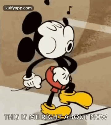 Mickey Mouse Is Walking Down A Sidewalk With A Music Note Behind Him And Says `` This Is Me Right About Now '' . GIF