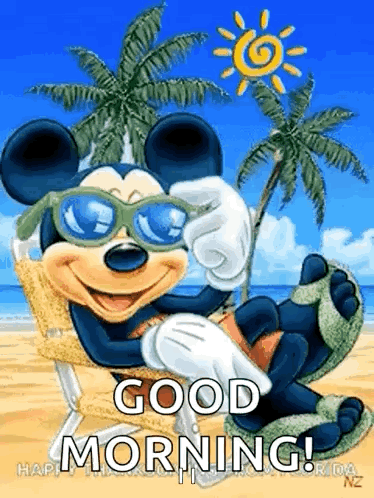 Mickey Mouse Sitting On Beach In Sunglasses And Slippers GIF