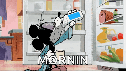 Mickey Mouse Standing In Front Of Refrigerator Saying Mornin GIF