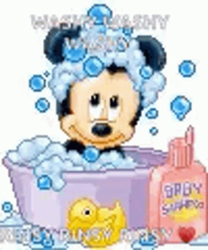 Mickey Mouse Taking Bath With Soap Bubbles and Duck