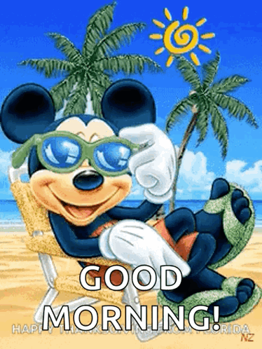 Mickey Mouse Wearing Sunglasses on Beach Good Morning