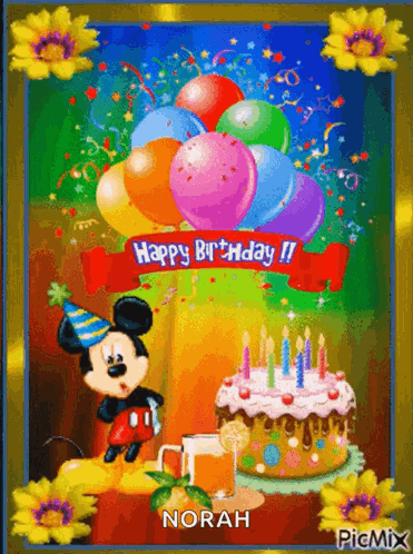 Mickey Mouse With Balloons And Birthday Cake GIF