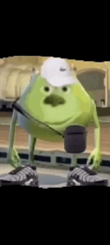Mike Wazowski From Monsters Inc Is Wearing A White Hat And Black Shoes . GIF