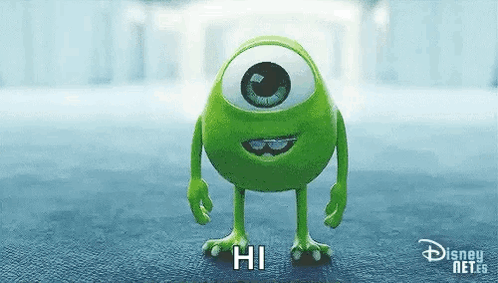 Mike Wazowski from Monsters Inc Saying Hi Blue Background