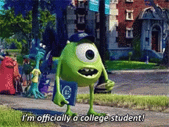 Mike Wazowski Says I'm Officially A College Student Holding Book GIF