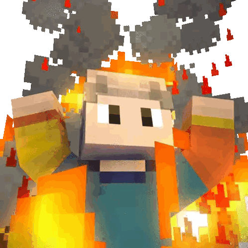 Minecraft Character Surrounded by Flames and Clouds