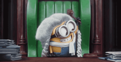 Minion Wearing Wig Goggles Sitting With Gavel in Front of Green Door