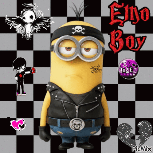 Minion With Emo Boy Text GIF