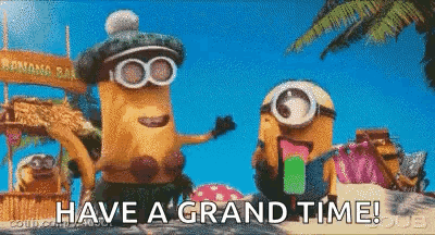 Minions At Beach Saying Have A Grand Time GIF