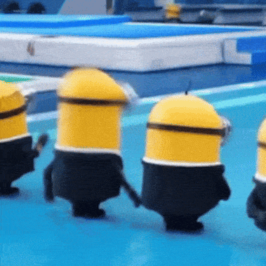 Minions Holding Hands Walking On Blue Surface GIF