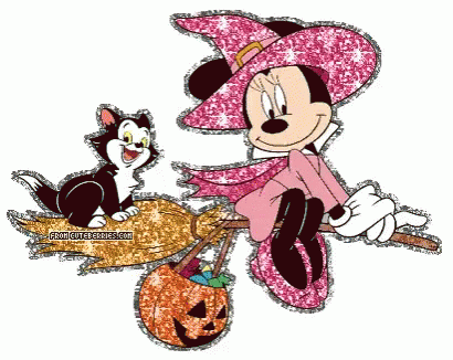 Minnie Mouse Is Flying On A Broom Next To A Cat GIF