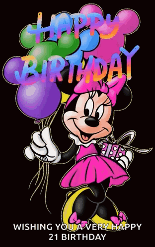 Minnie Mouse Is Holding Balloons And A Gift And Wishing You A Very Happy 21 Birthday GIF