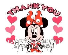 Minnie Mouse Is Surrounded By Hearts And Says `` Thank You I Love You So Much ! I Appreciate You ! '' GIF
