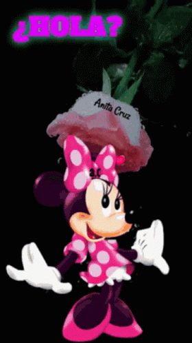 Minnie Mouse Surrounded By Pink Hearts Saying Hola GIF