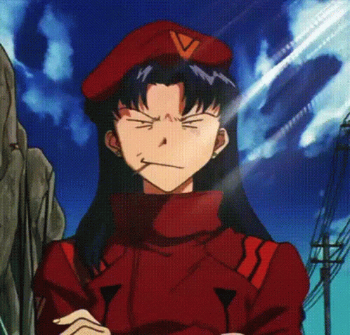 Misato Uniform Pissed Look Evangelion Anime GIF