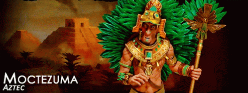 Moctezuma Aztec Statue in Front of Pyramids