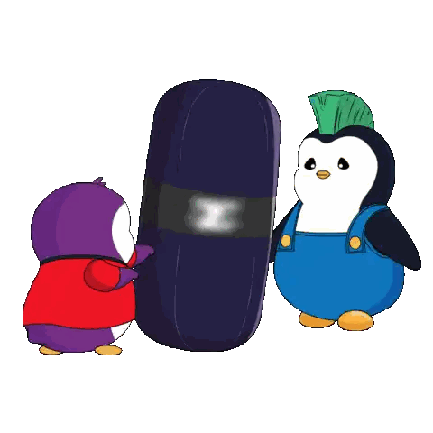 Mohawk Penguin Next to Red Shirt Penguin