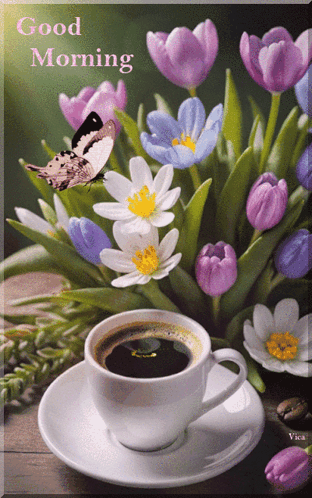 Monday Coffee With Colorful Flowers GIF
