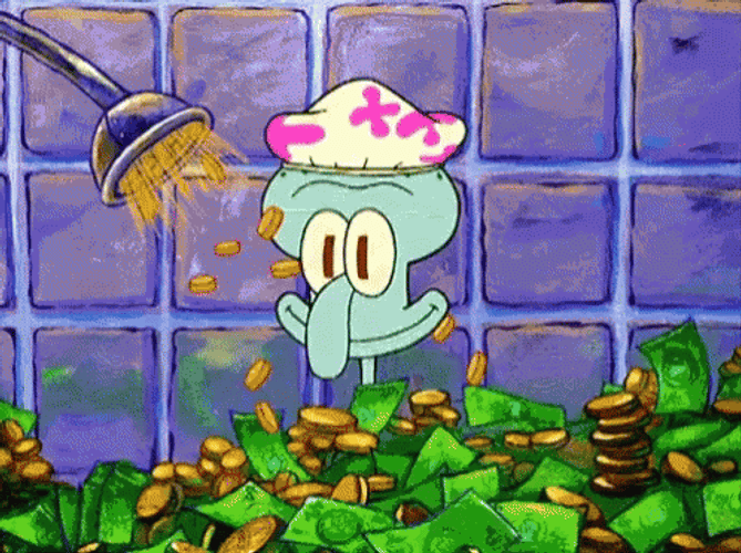 Money Coins Falling Squidward Shower GIF