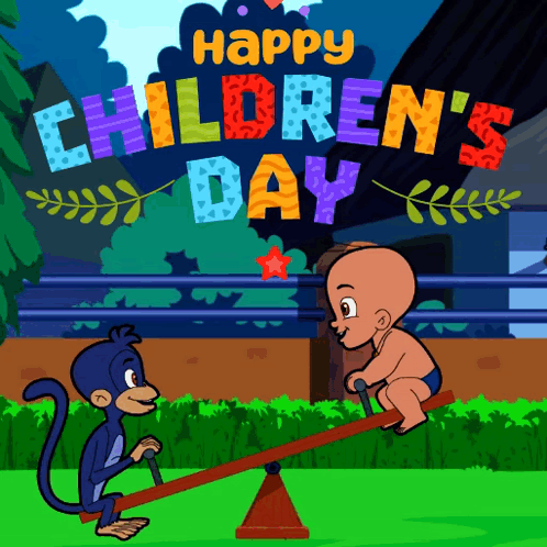 Monkey and Baby on Seesaw Happy Children's Day