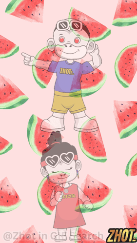 Monkey and Girl With Watermelons in Background