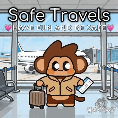 Monkey Carrying Suitcase And Ticket Saying Safe Travels GIF
