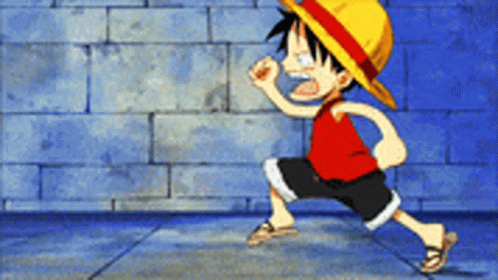 Monkey D Luffy From One Piece Is Running In Front Of A Blue Brick Wall GIF