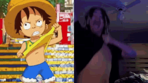 Monkey D Luffy From One Piece Standing Next To Man GIF