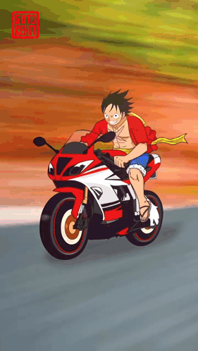 Monkey D Luffy Is Riding A Red And White Motorcycle On The Road GIF